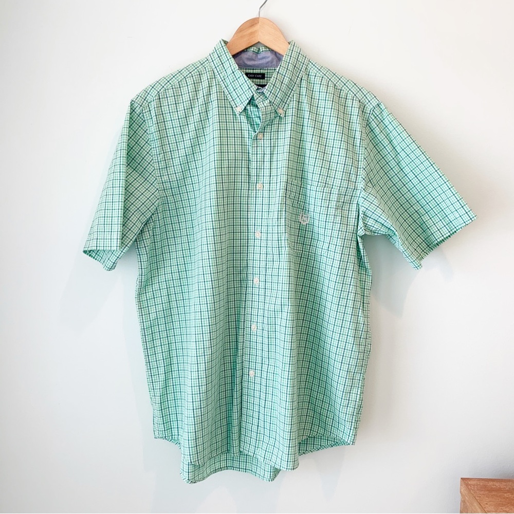 Men’s Chaps Blue Green Plaid Easy Care Button Down Shirt Large L